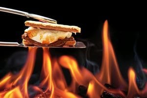 Smore cooking over fire with melting marshmallow and chocolate oozing out of graham crackers.